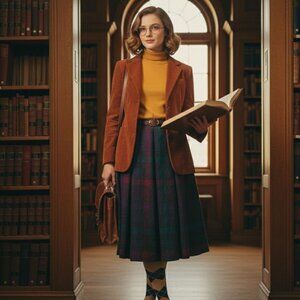 Country Suburbans 70s Plaid‎ Pleated A Line Midi Skirt USA Vintage Preppy Casual